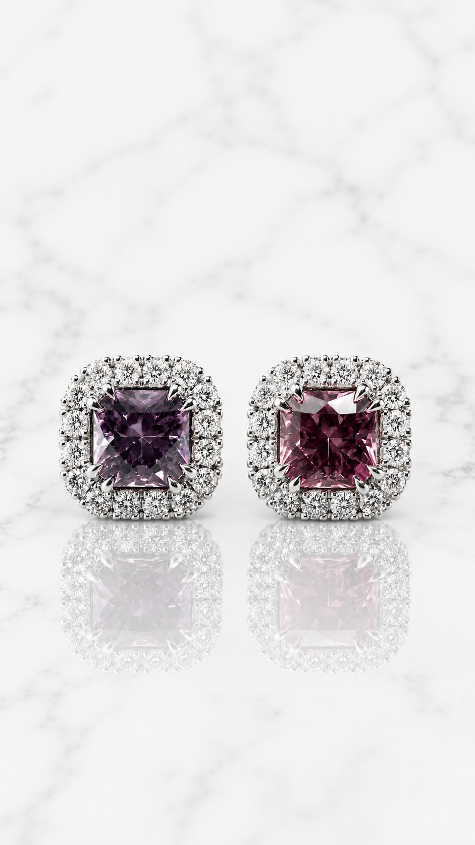 Radiant Halo Studs on marble — natural Burma spinel and diamond halo stud earrings in 18K white gold, handcrafted in London by Gugunava Jewelry