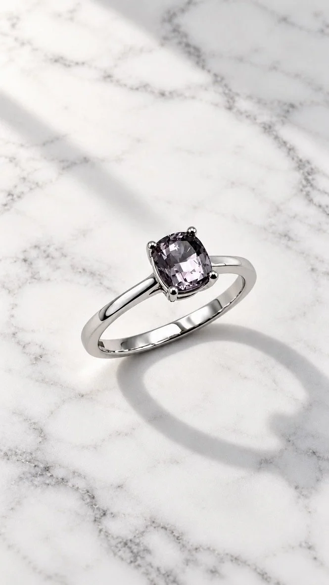 Lavender spinel solitaire ring in 14K white gold, pale violet cushion cut, handmade in London