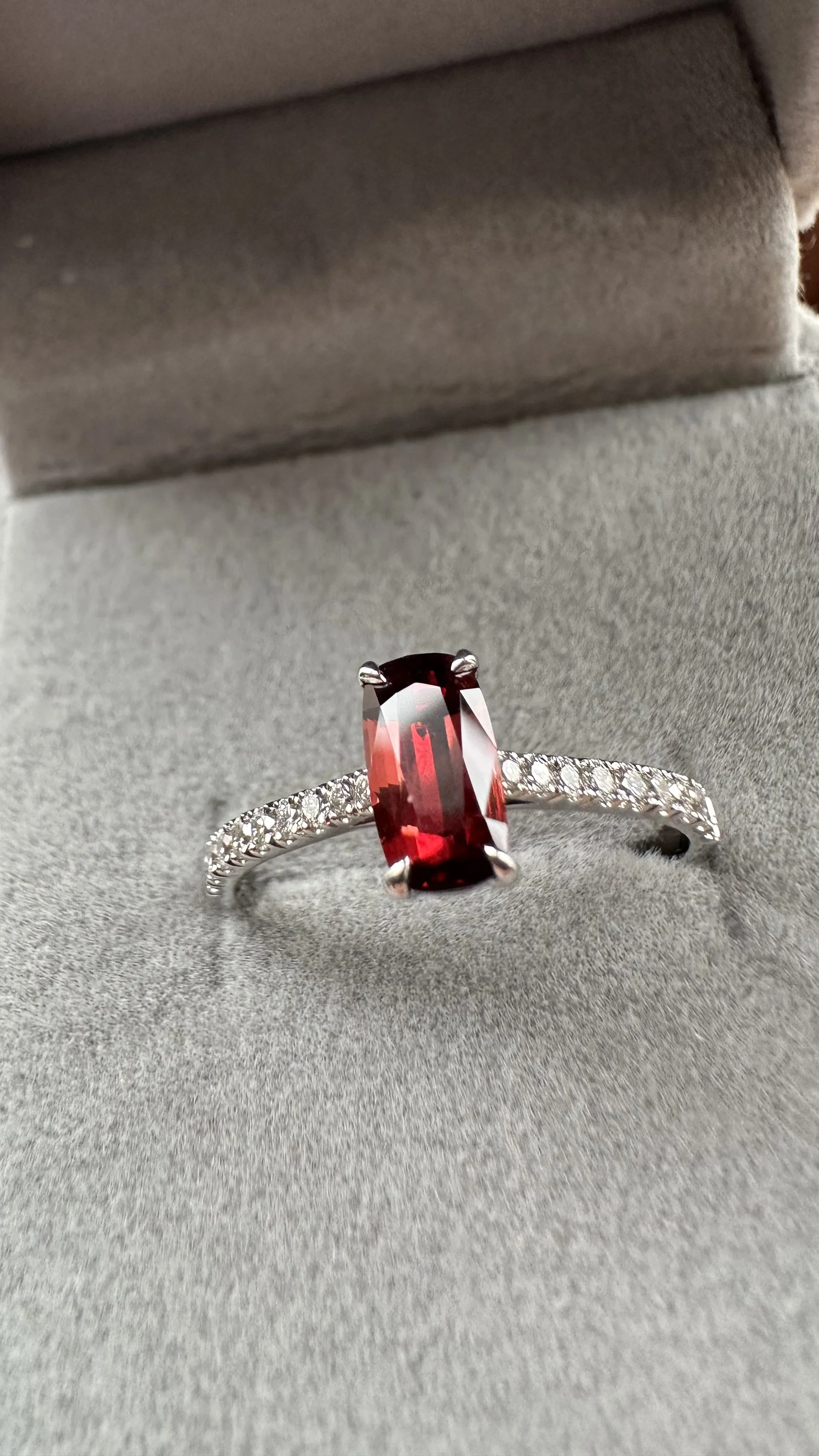 Fire Blossom in jewellery box — natural red spinel engagement ring, handmade London jeweller