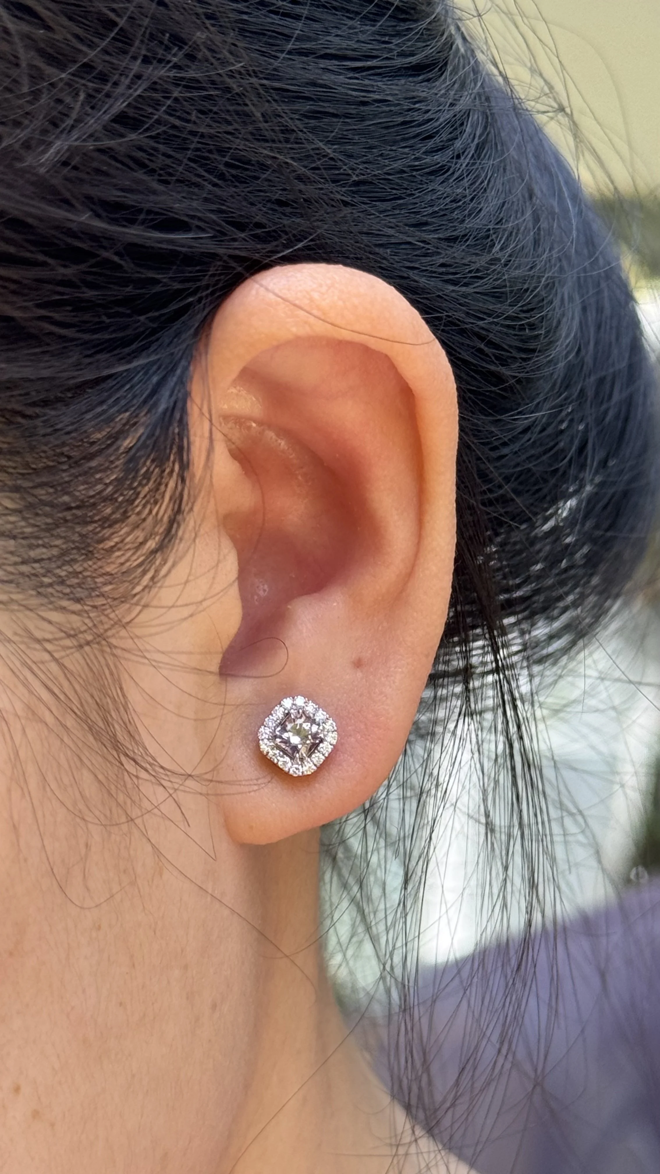 Radiant Halo Studs worn — natural Burma spinel stud earring with diamond halo in 18K white gold, handcrafted in London by Gugunava Jewelry