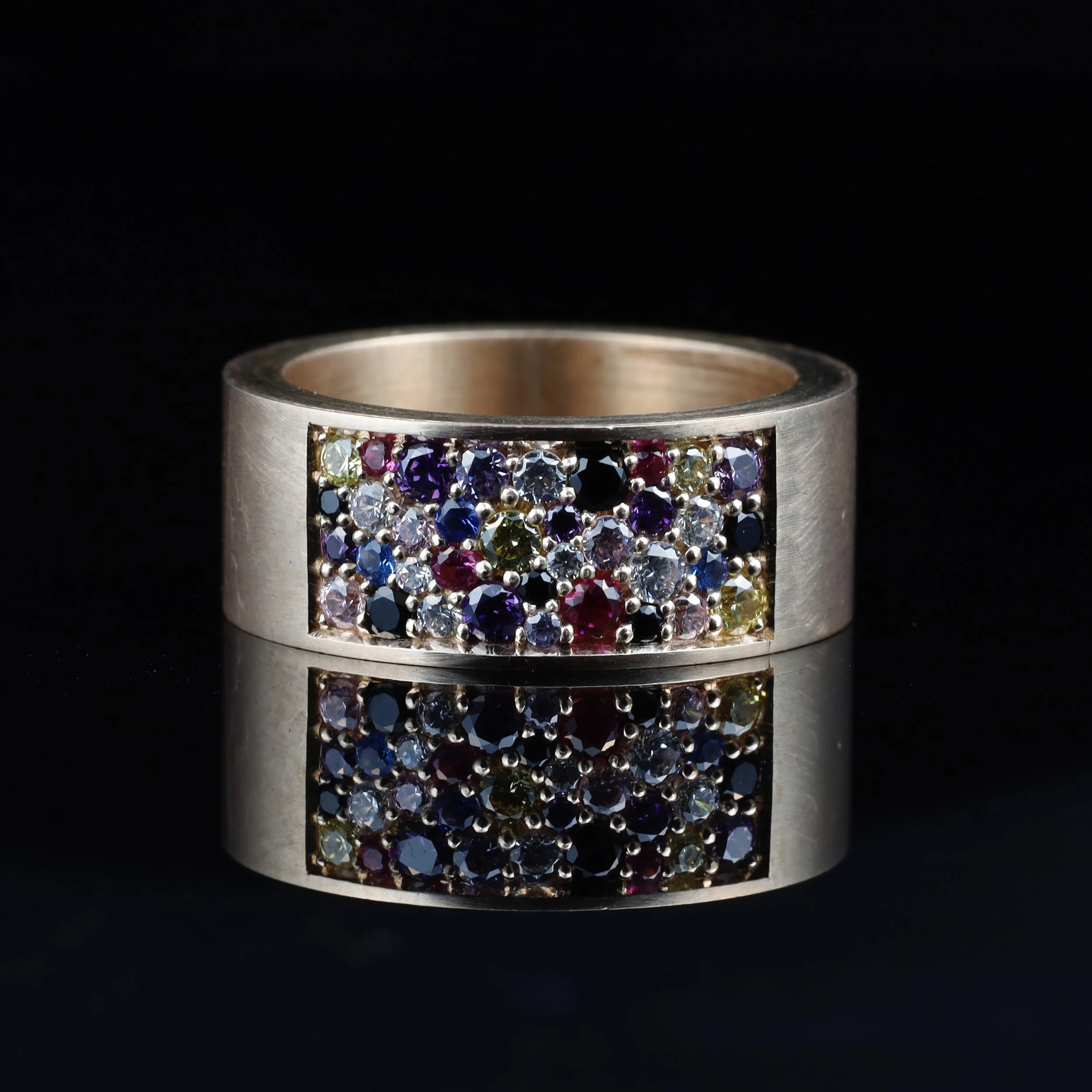 Multi-stone ring with mixed coloured gemstones in 14K gold, custom commission by Gugunava Jewelry London