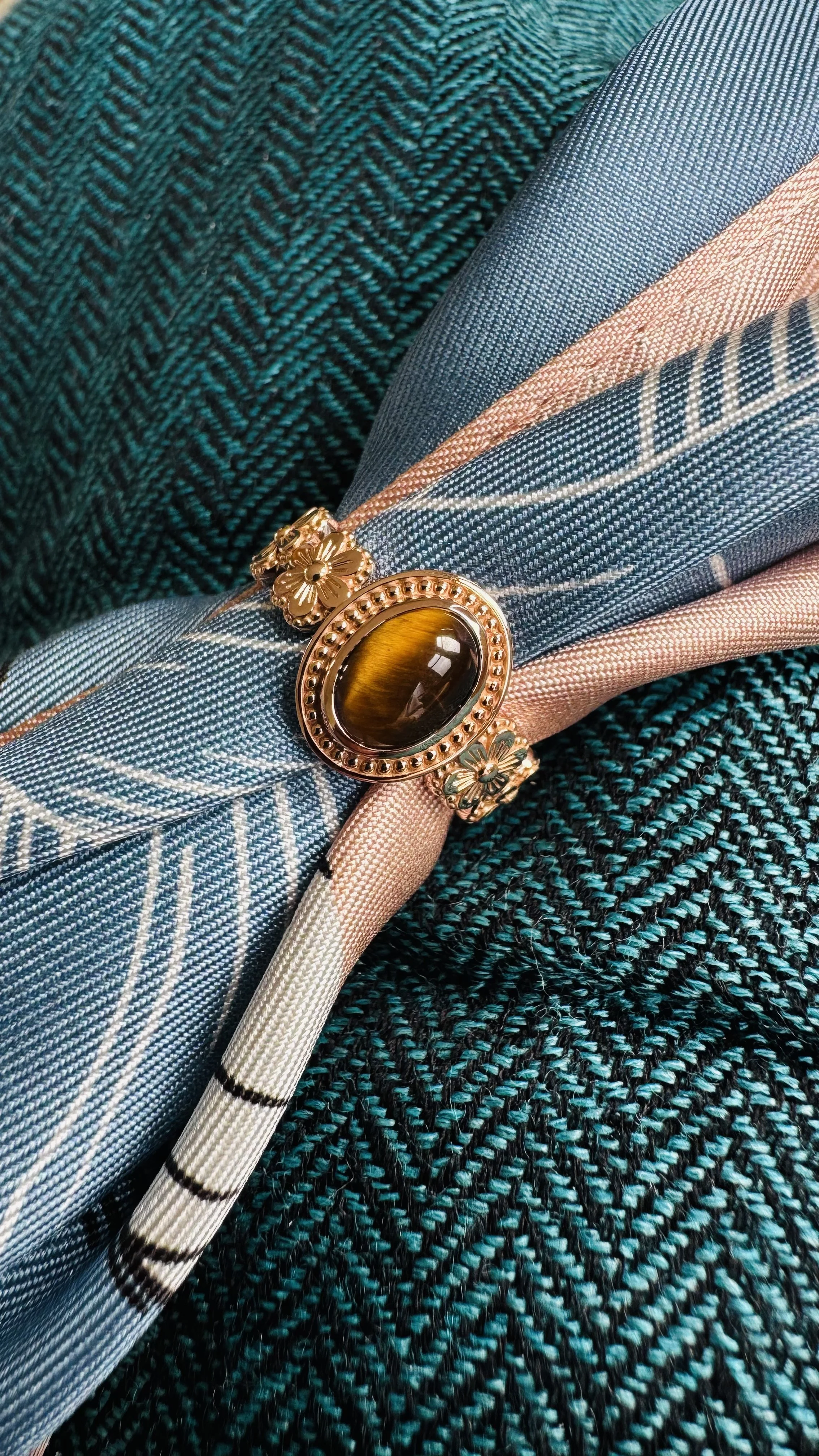 Wildflower Ring — Tiger's Eye Cabochon, 14K Rose Gold