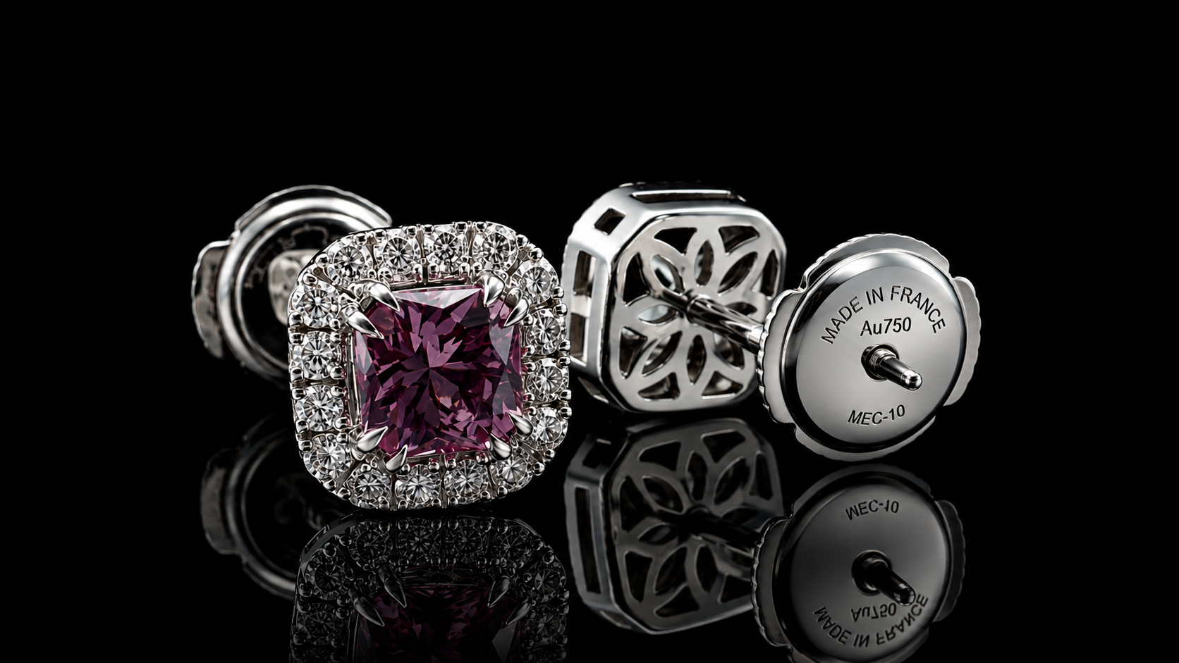 Radiant Halo Studs showing openwork gallery and French Alpa screw backs — Burma spinel and diamond earrings in 18K white gold, Gugunava Jewelry London