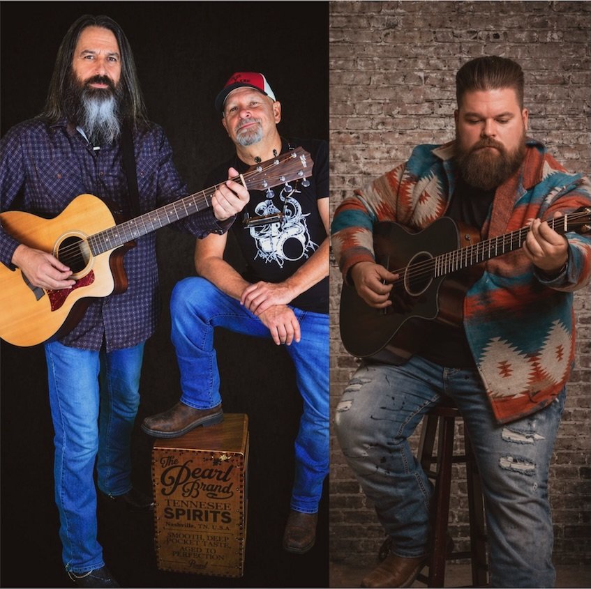 Adam McCorkle with guitar and Tom Dickenson standing beside him, alongside Kendall Levesque with guitar