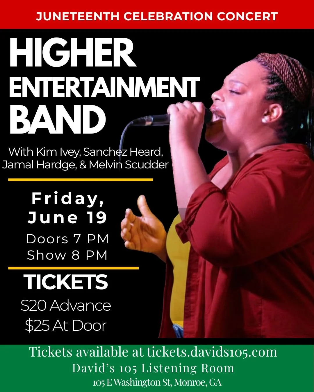 Picture of lead singer of Higher Entertainment Band singing and holding a microphone in a promotional flyer for Juneteenth Celebration Concert.