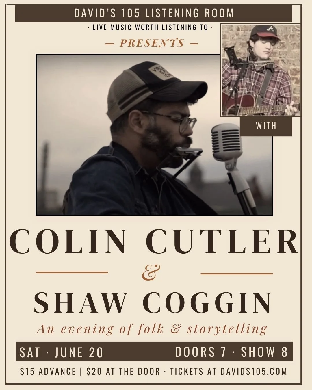 Promo flyer with Colin Cutler playing harmonica and smaller image of Shaw Coggin for live show on June 20 at David's 105.