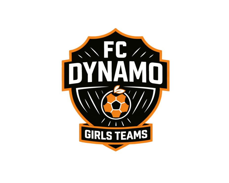 Logo of FC Dynamo Girls Teams featuring a black shield with orange and white accents, a soccer ball with an orange leaf on top, and bold white text.