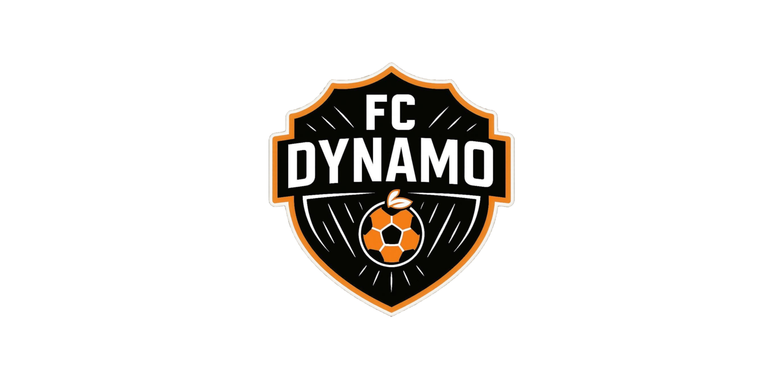 FC Dynamo sports team logo with black shield, orange border, and a soccer ball with a leaf on top.