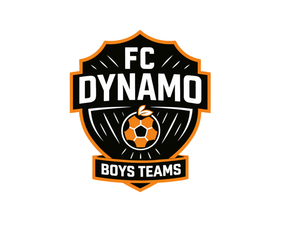 Logo of FC Dynamo Boys Teams featuring a black shield with orange outline, a soccer ball with an orange leaf, and bold white text.