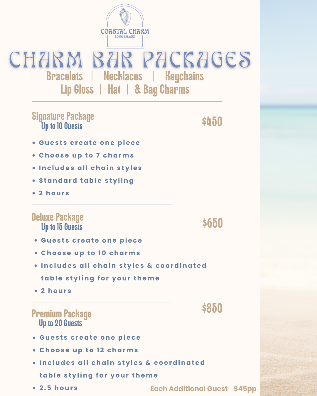 Beach-themed poster advertising Charms Bar Packages by Coastal Charm Long Island, featuring options for Signature, Deluxe, and Premium packages with details on guest capacity, charm creation, chain styles, styling, times, and pricing.