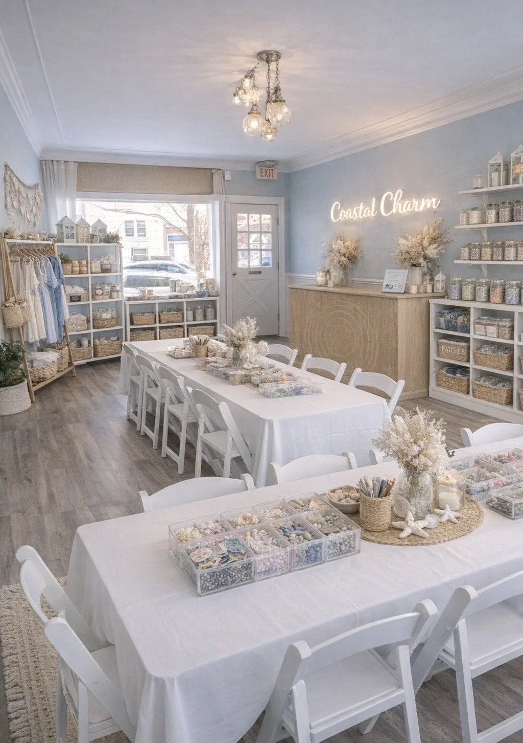Interior of a boutique store with white tables and chairs, shelves stocked with jars and craft supplies, a glowing sign that reads 'Coastal Charm,' and a front door with large windows.