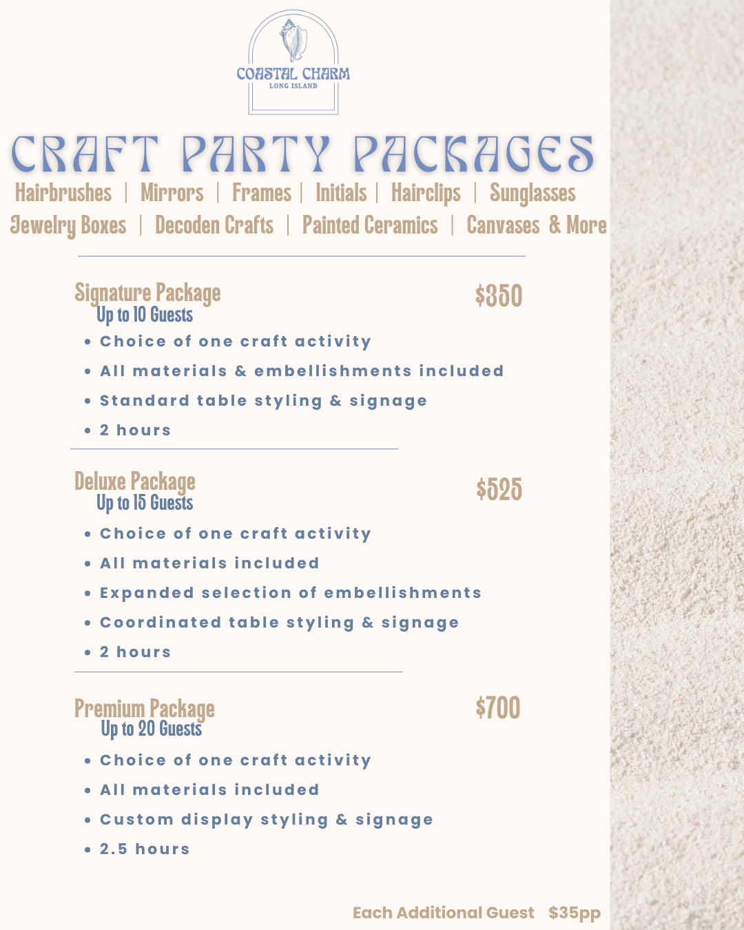 Pricing menu for craft party packages from Coastal Charm Long Island, showing three options: Signature, Deluxe, and Premium, each with details on guest capacity, included activities, materials, styling, time, and prices. The background includes sandy beach imagery.