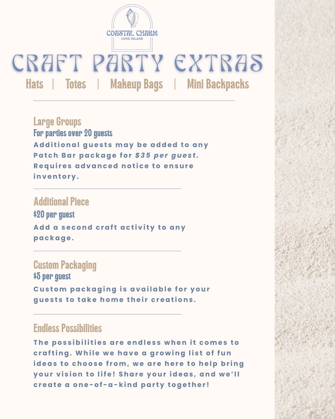 Craft Party Extras menu from Coastal Charm Long Island, listing options for hats, totes, makeup bags, mini backpacks, large groups, additional pieces, custom packaging, and endless possibilities.