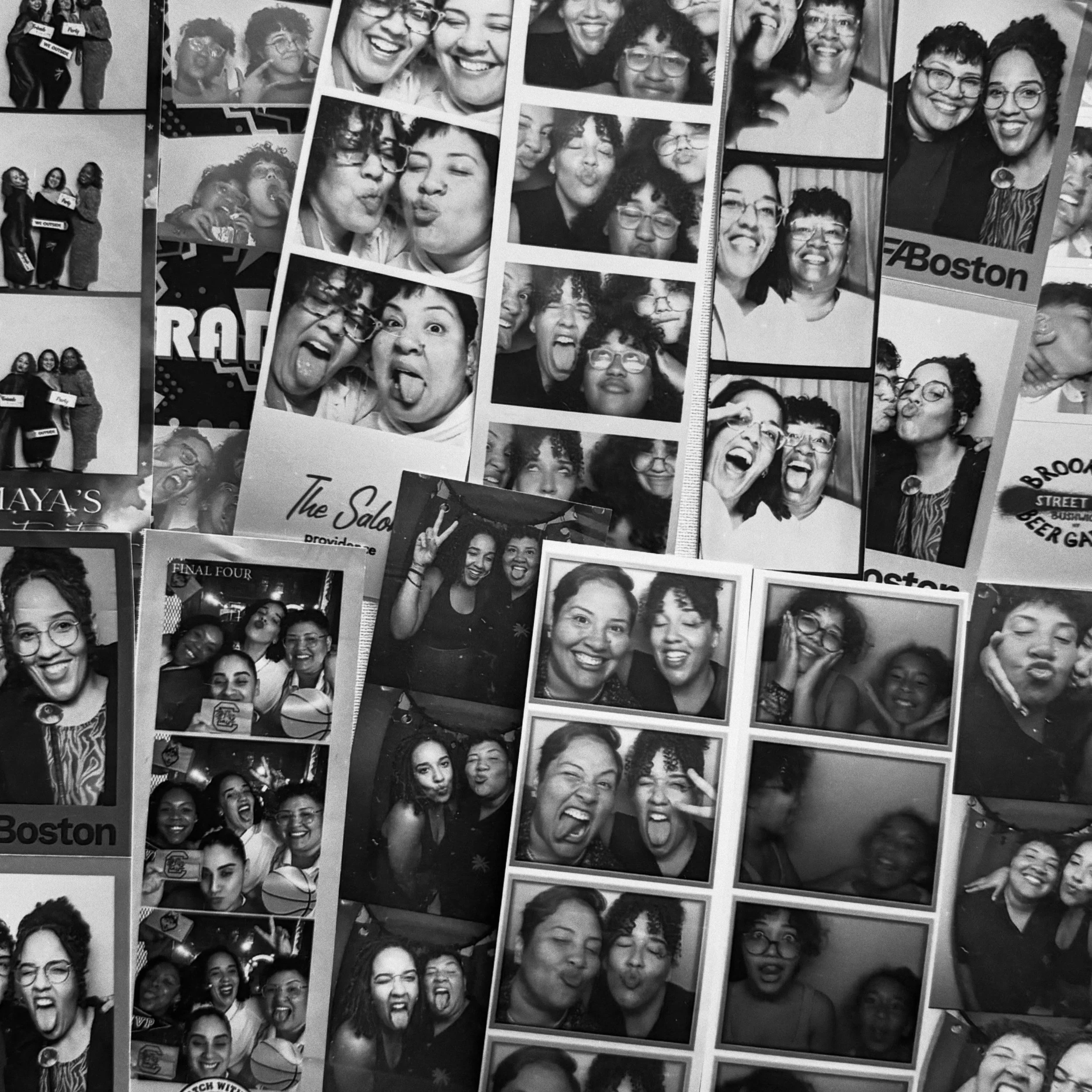 Collage of black-and-white and color photobooth strips featuring groups of people making funny faces, smiling, and posing together at a social event.