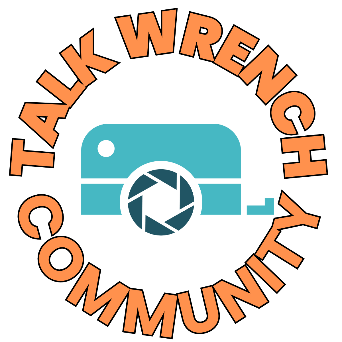 Logo for Talk All Wrench Community featuring a stylized camera with a blue body and black lens surrounded by orange text reading "Talk All Wrench Community" on a black background.