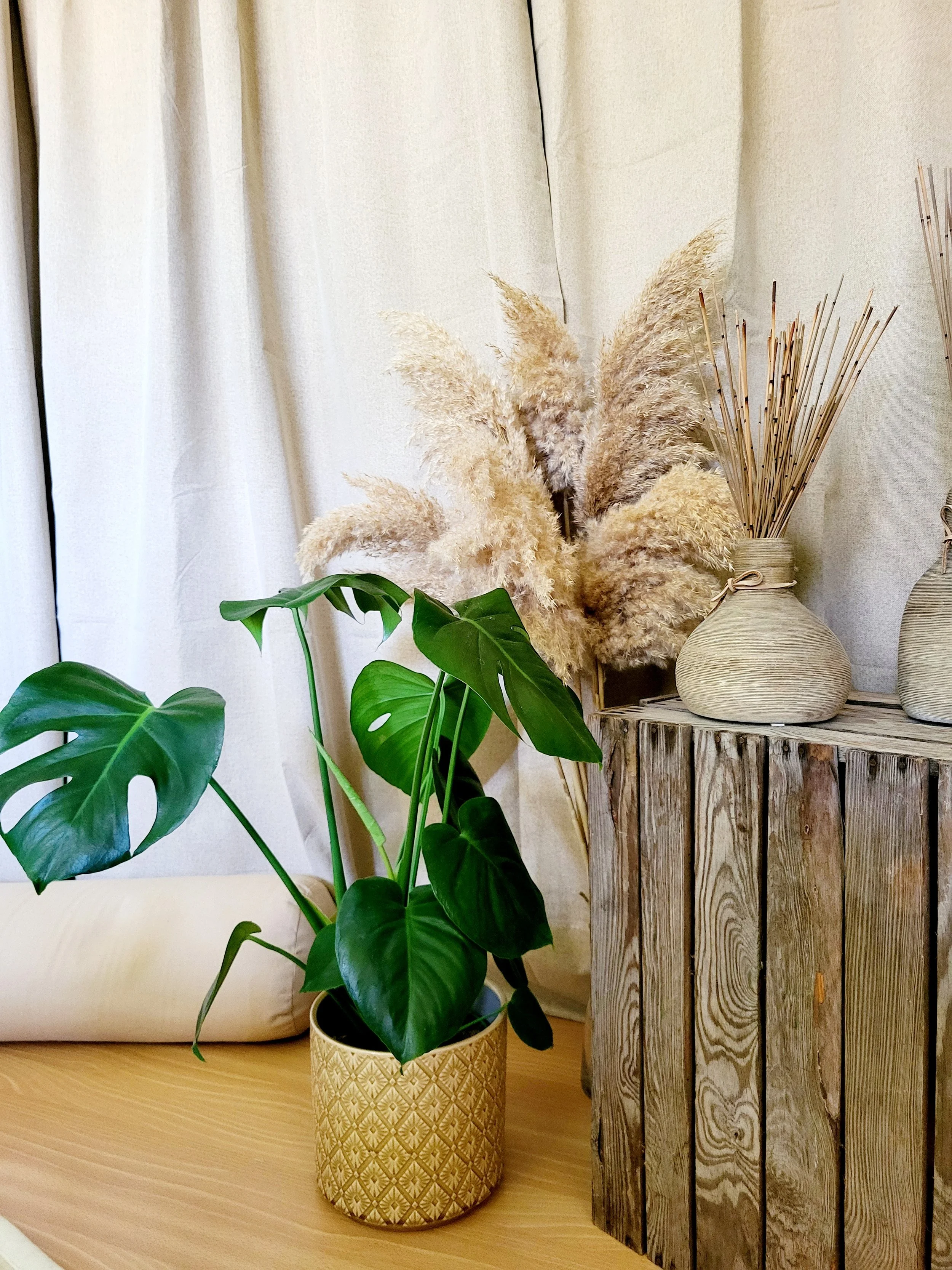 Neutrala toner, med grönt och beige i yogastudio