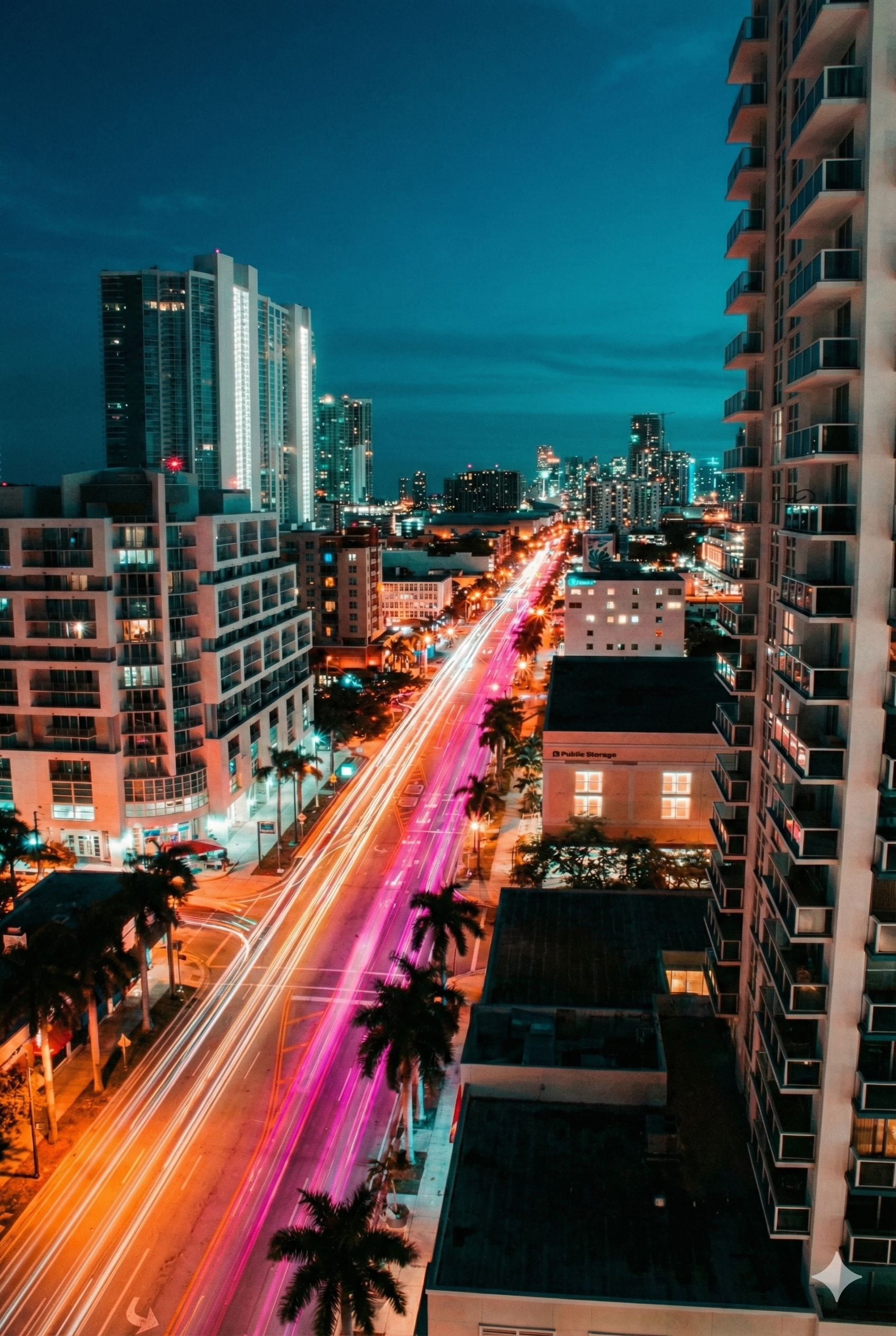 Nighttime cityscape featuring illuminated skyscrapers, streaks of light from moving vehicles on a busy street, palm trees lining the road, and a dark sky in the background.