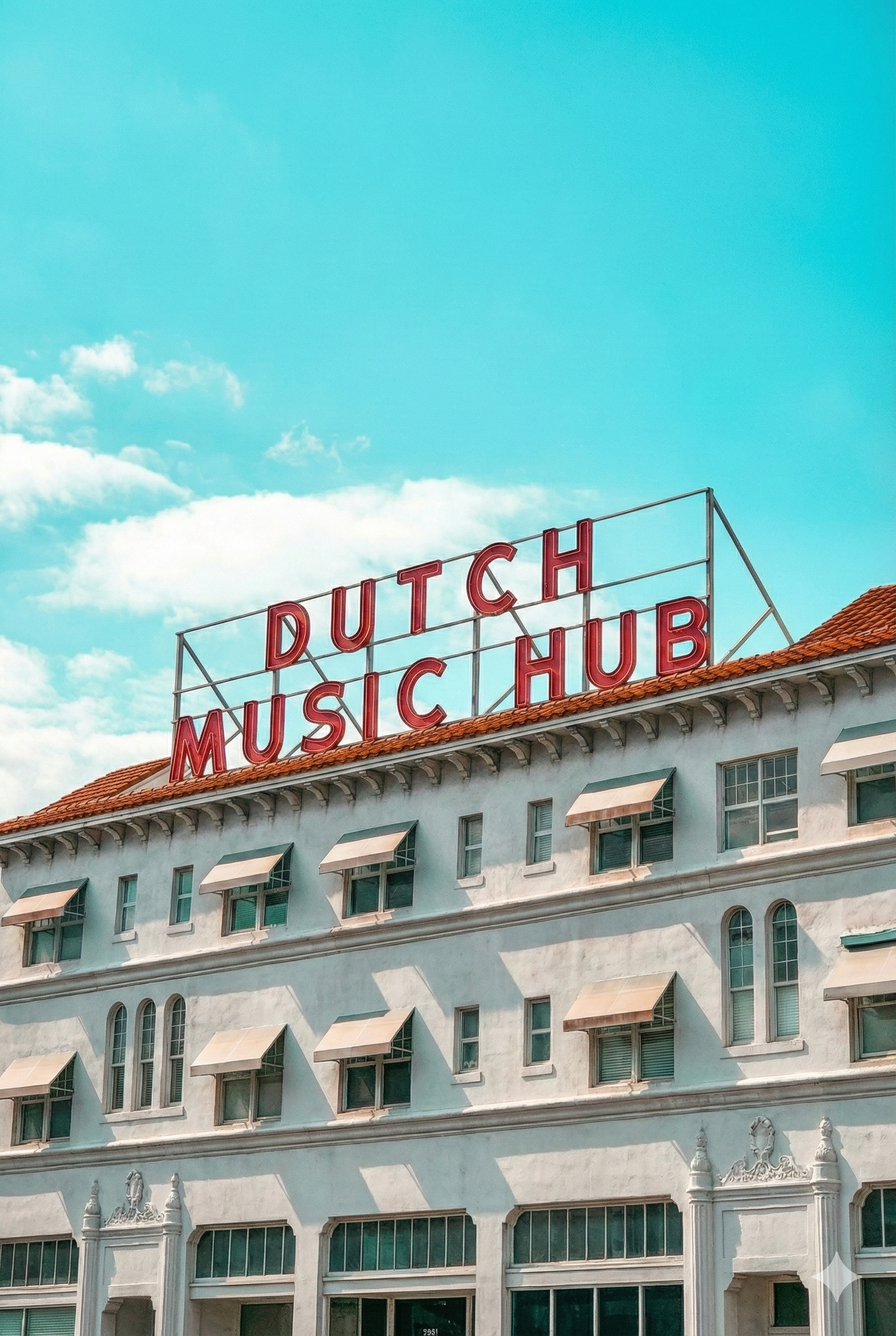 Photo of a building with a large red neon sign that reads 'Dutch Music Hub' on the roof. The building has a white facade with several windows and small awnings, set against a blue sky with some clouds.
