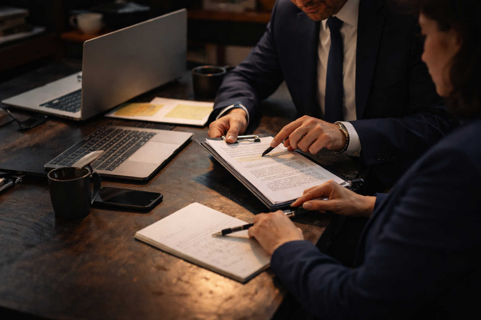 Two business professionals reviewing documents at a wooden table with laptops, notebooks, a phone, and coffee mugs.
