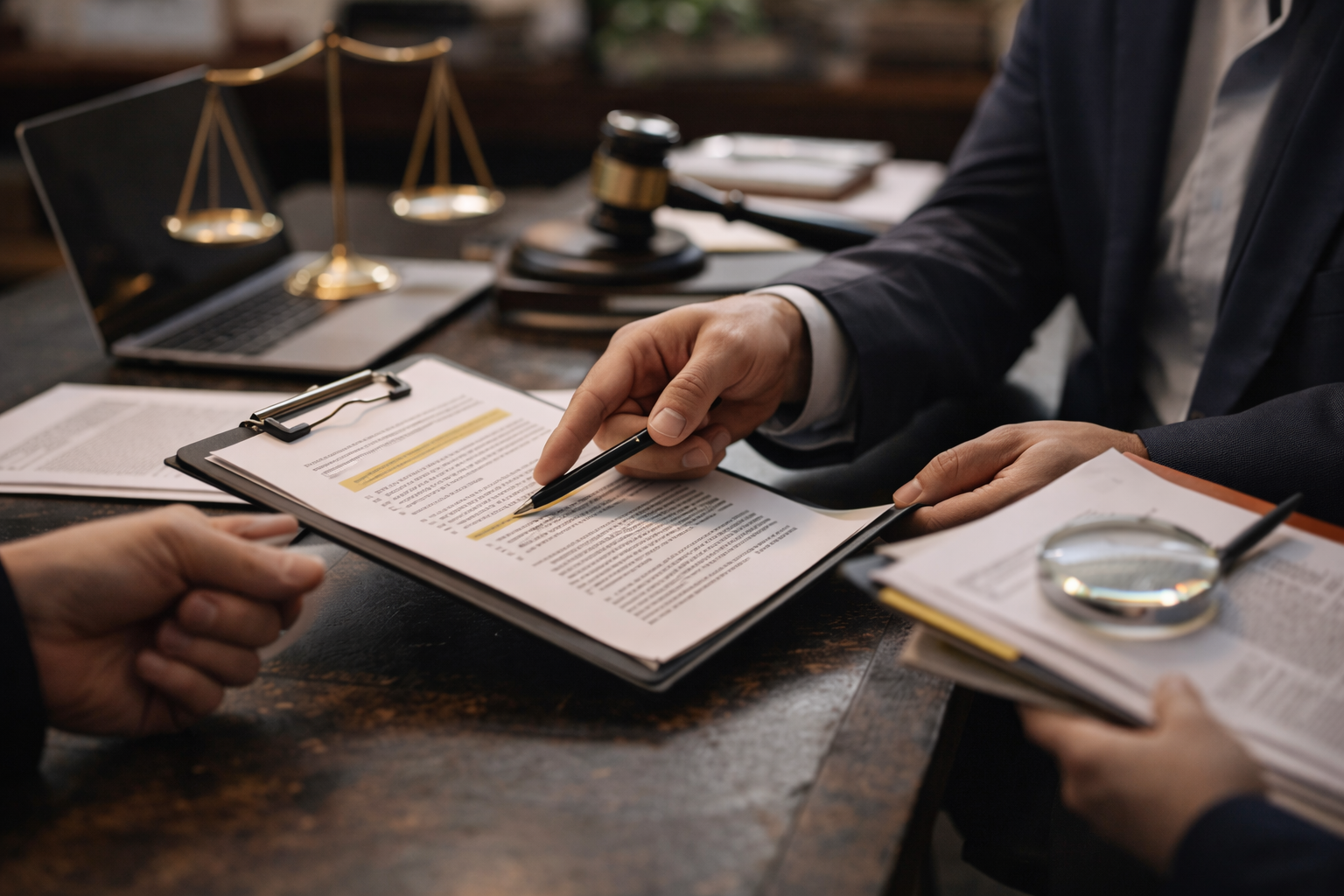 Close-up of a person in a business suit pointing at a legal document on a clipboard while another person holds the paper, with a laptop, scales of justice, gavel, and legal books visible on the desk.