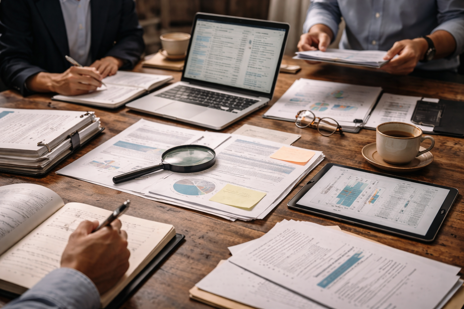 People working on a cluttered wooden table with documents, a laptop, tablet, glasses, a magnifying glass, notebooks, a cup of coffee, and printed charts.