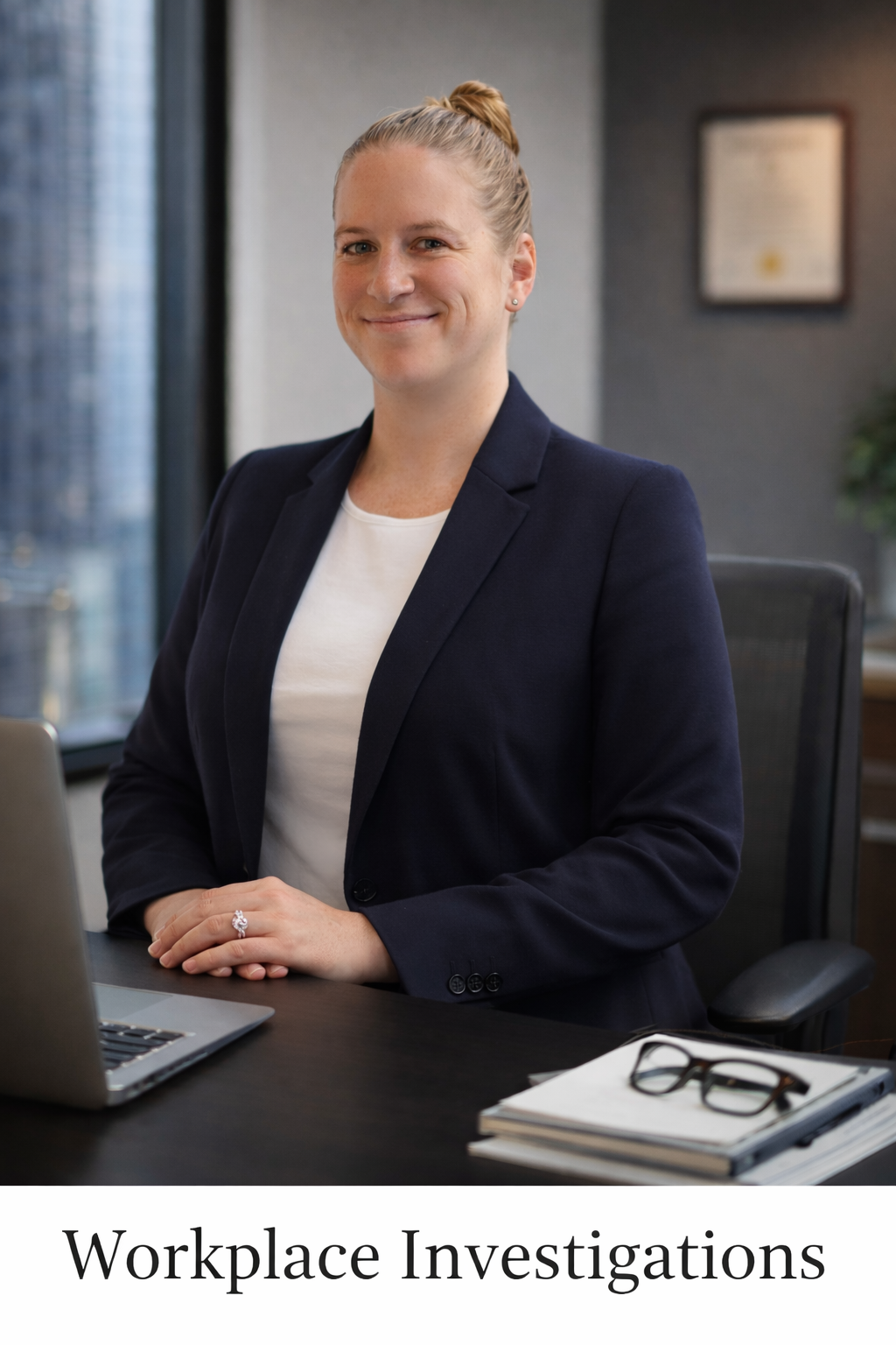 A professional woman with blonde hair in a bun, wearing a navy blazer and white top, sitting at a desk in an office with a laptop, a pair of glasses, and notebooks, smiling at the camera.
