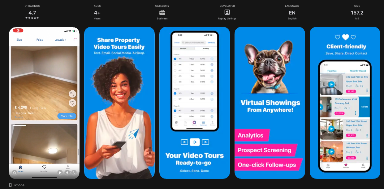 A collage advertisement for a property management app showcasing features like virtual tours, video sharing, virtual showings, and client communication through screenshots and illustrations.