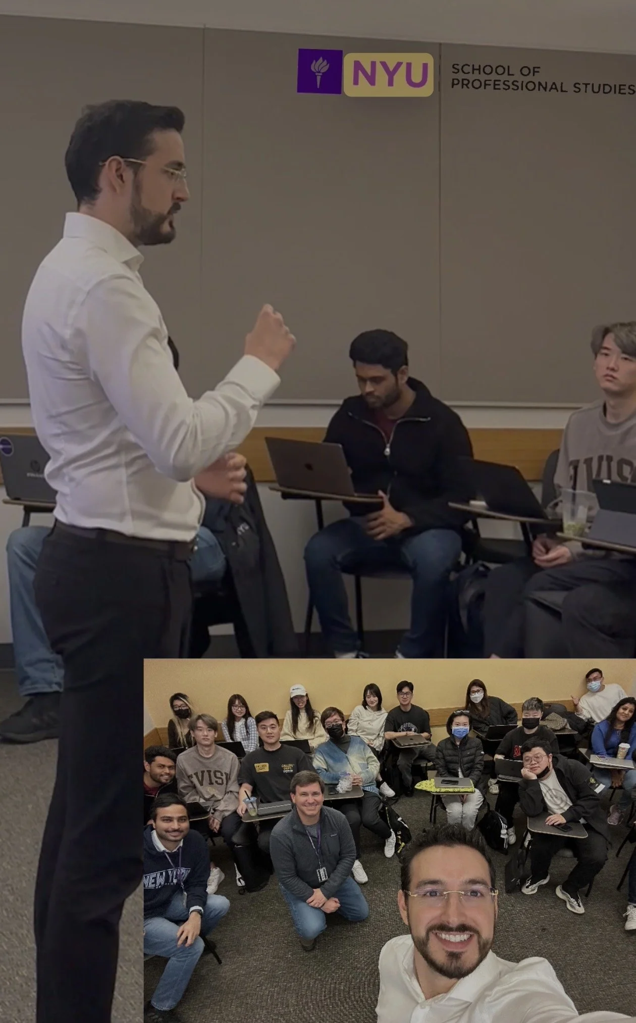 A classroom at NYU School of Professional Studies with students listening to a male instructor during a lecture or presentation. The instructor is in the foreground, and a group of students, some wearing masks, are seated behind him. The image features the NYU logo and school name on the wall.