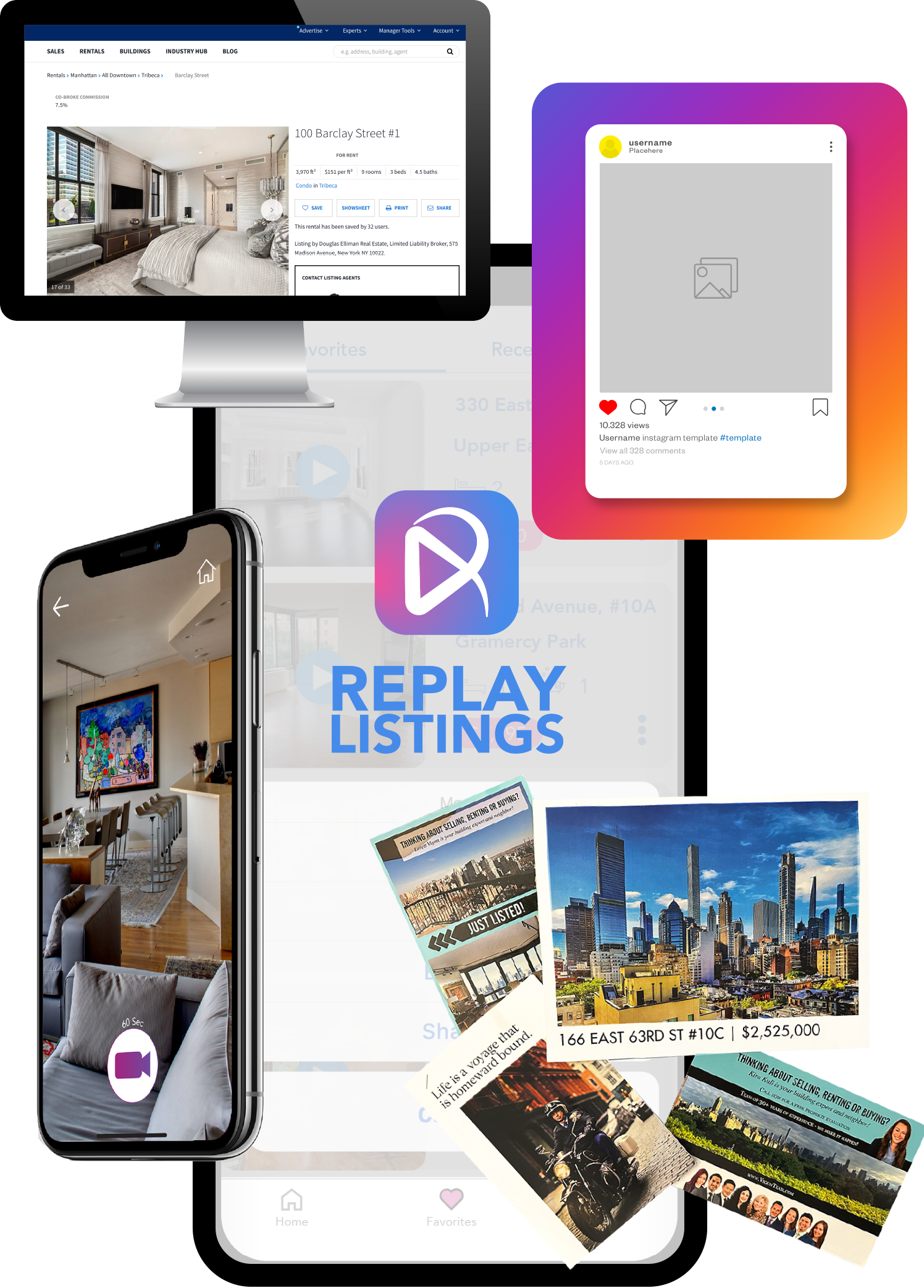 A collage of real estate and social media listings, including a computer screen with property details, a smartphone showing a property viewing, and social media posts with images of cityscapes and homes. The central logo and text promote replaying listings.