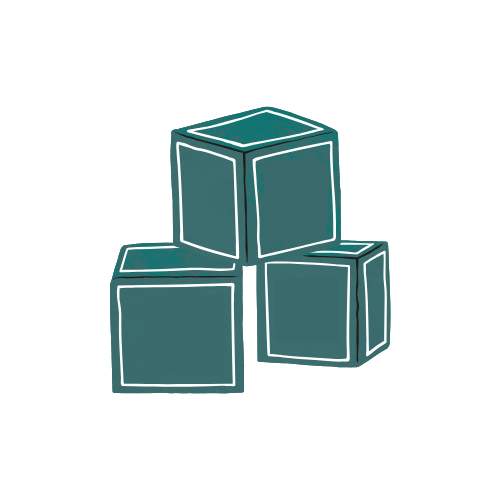 Drawing of three teal-colored toy blocks with white outlines, stacked and leaning.