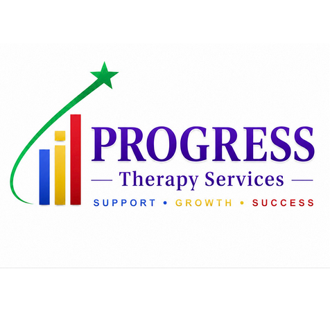 Logo for Progress Therapy Services with colorful bar chart, a green star, and the words 'Support, Growth, Success'.