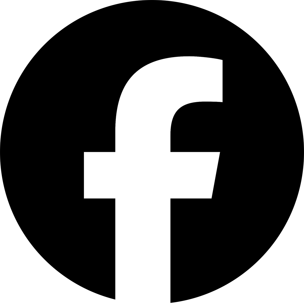 Black background with a large white Facebook logo in the center.