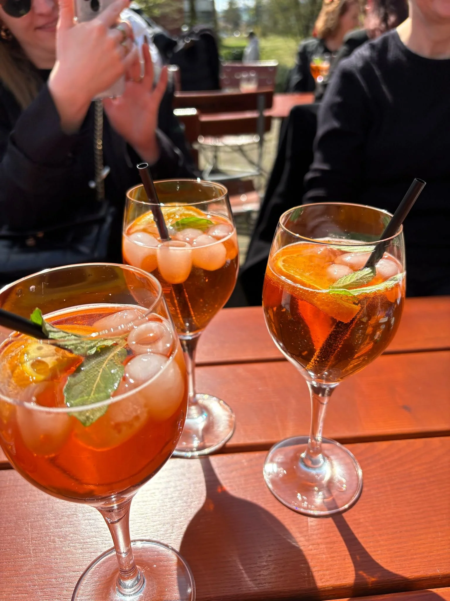 Drei Gläser mit Aperol Spritz auf einem Holztisch, jeweils mit Orangen- und Limettenscheiben sowie Minzblättern, bei Sonnenlicht