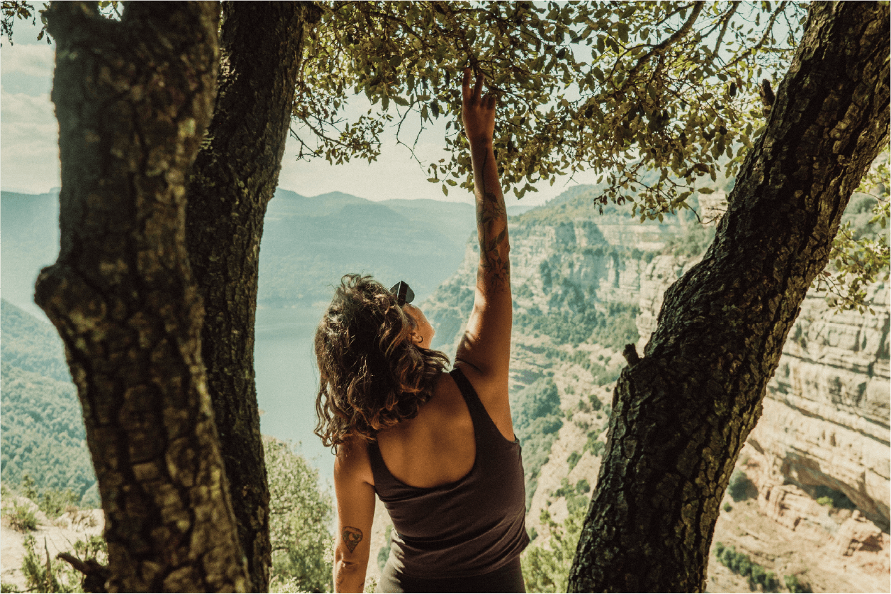 A woman in a black tank top with tattoos on her arm reaching up to touch the leaves of a tree, with mountains and a body of water in the background.