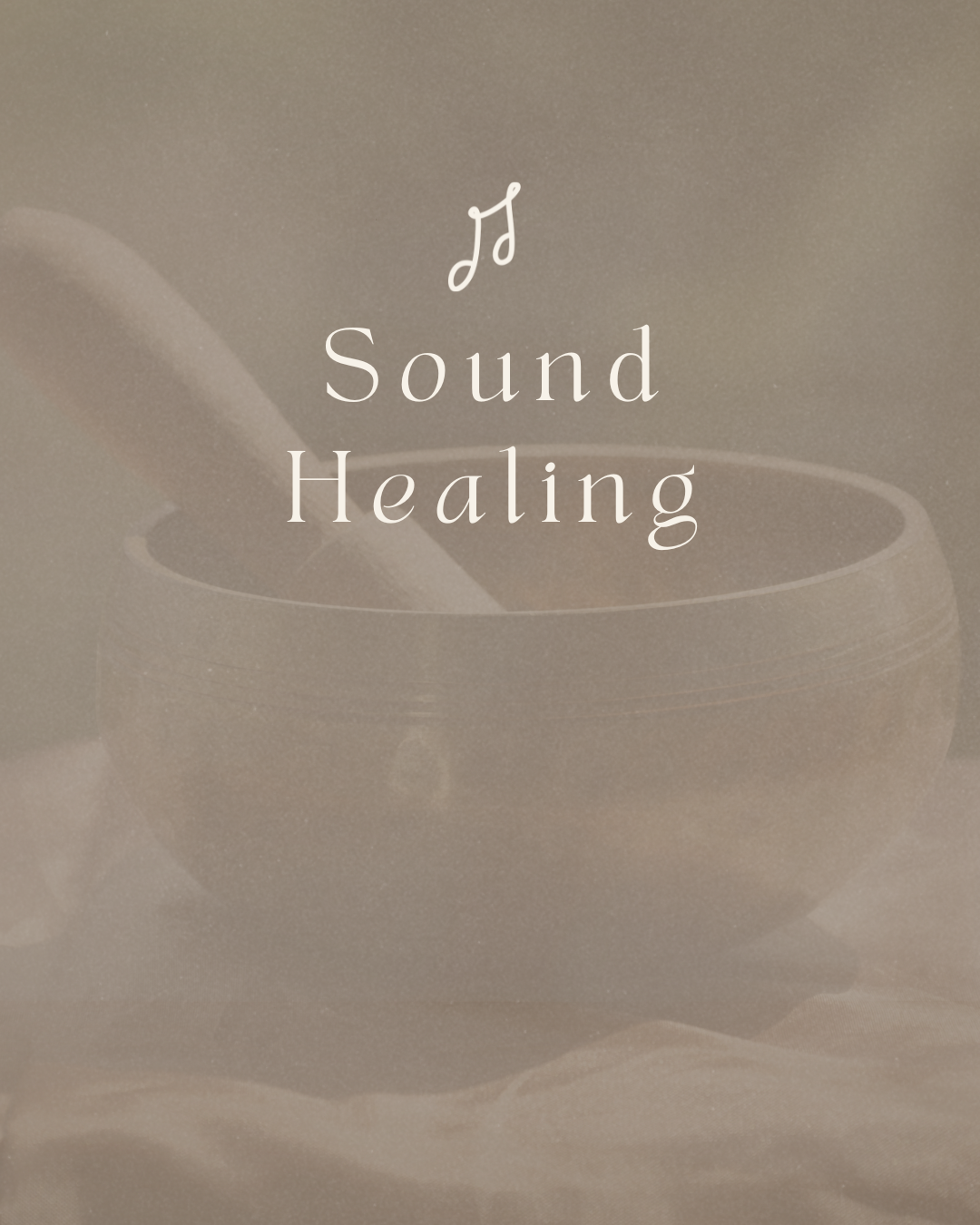 Text overlay reading 'Sound Healing' with musical notes on a background of a singing bowl and a wooden striker.