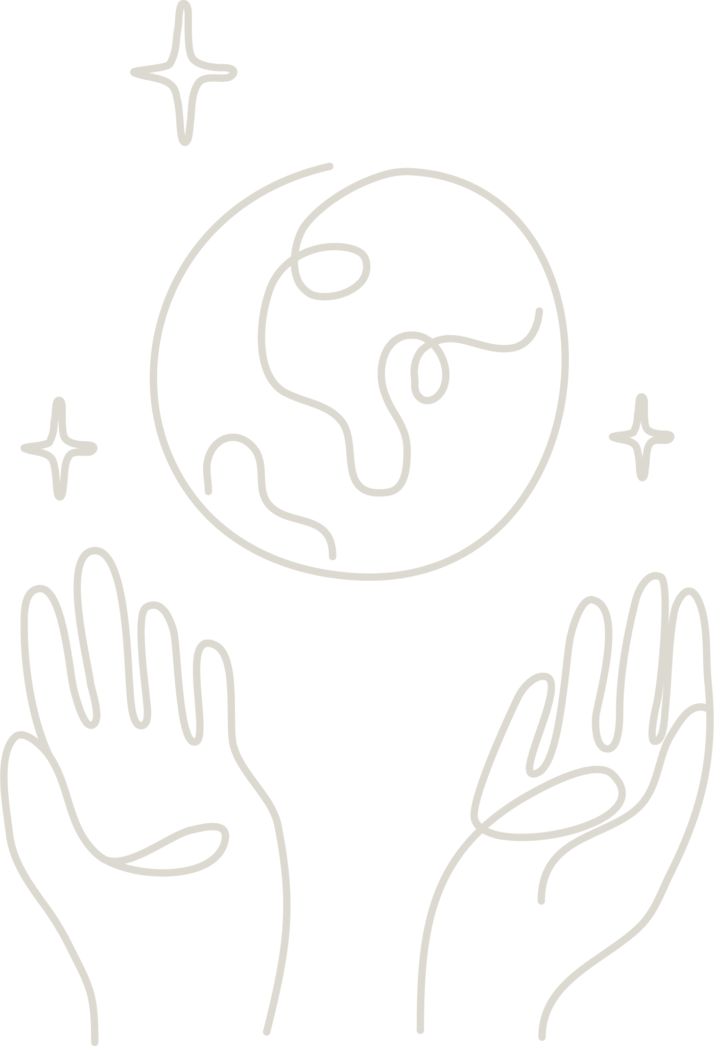 Minimalist line drawing of two hands reaching towards a globe representing Earth, with stars around it.