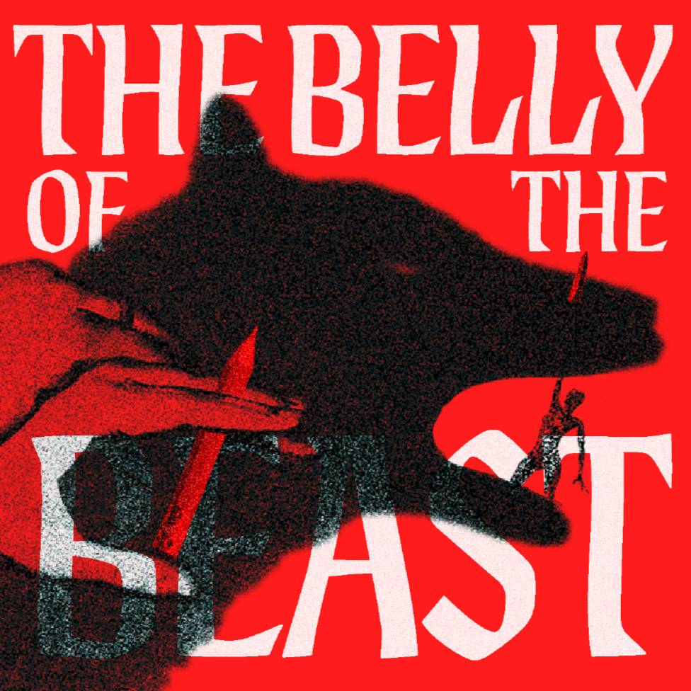 A red background with black and white elements, featuring a silhouette of a woman holding a long, thin object that looks like a sword or knife, with large white text overlay reading "THE BELLY OF THE BEAST."