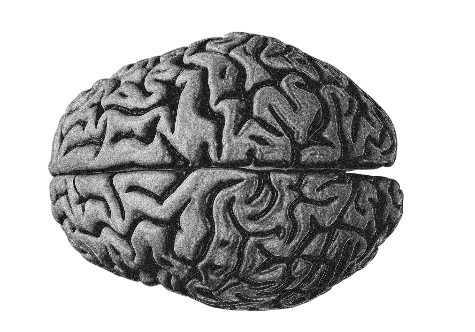 Black and white illustration of a human brain with a reflection underneath on a dark background.