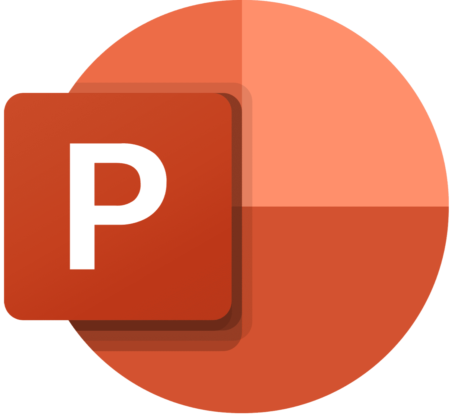 Red PowerPoint icon with a white letter P on a dark orange background, overlaid on a peach-colored pie chart.