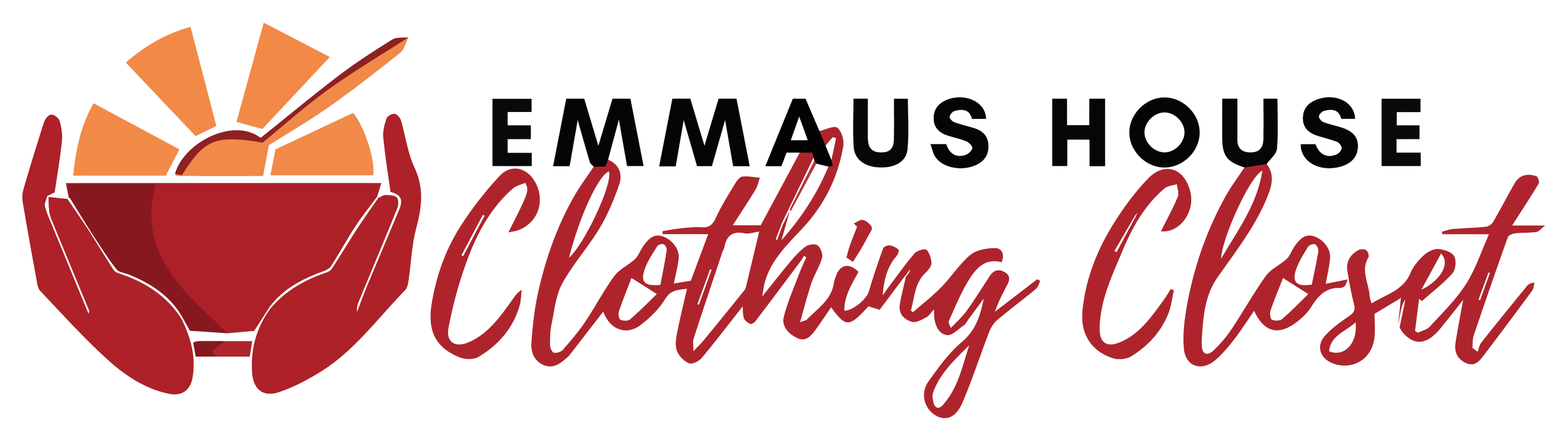 Logo for Emmaus House Clothing Closet featuring an illustration of hands holding a bowl of food with slices of bread or pie and the text "Emmaus House Clothing Closet" in stylized fonts.