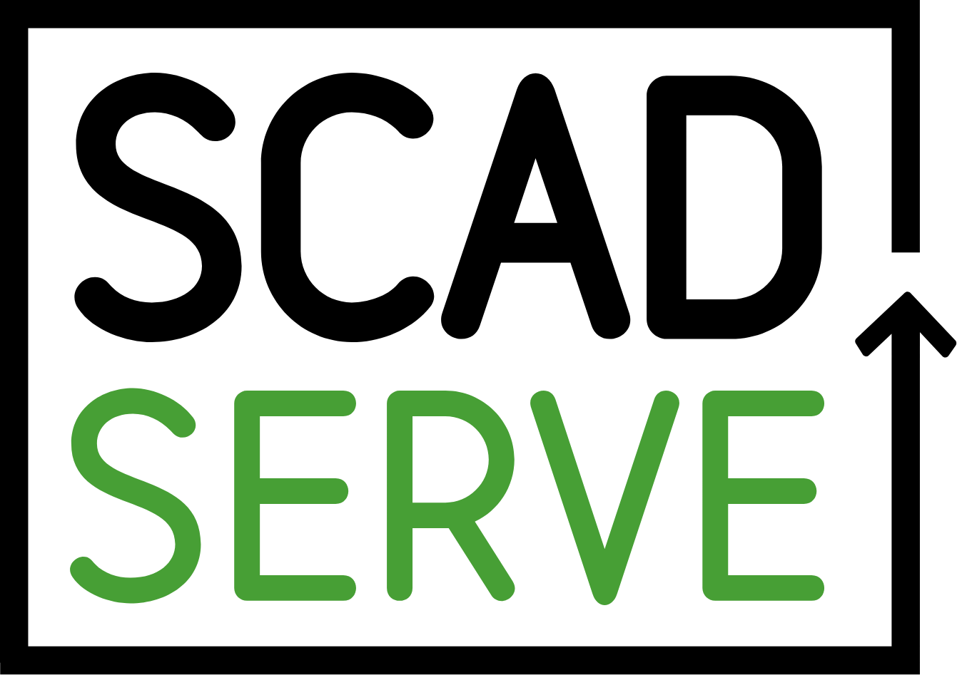 Logo with the words 'We are here to serve' with a black and green color scheme.