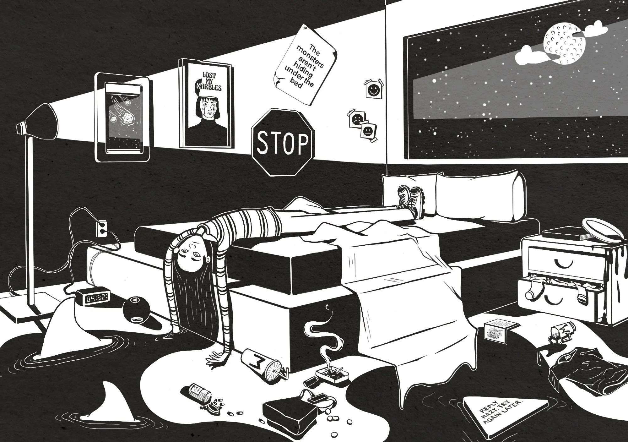 A black and white illustration of a messy bedroom with various objects, posters, and signs on the walls, a girl with long hair stretching on the bed, a girl in a bubble bath, and signs with humorous messages about monsters and marbles.