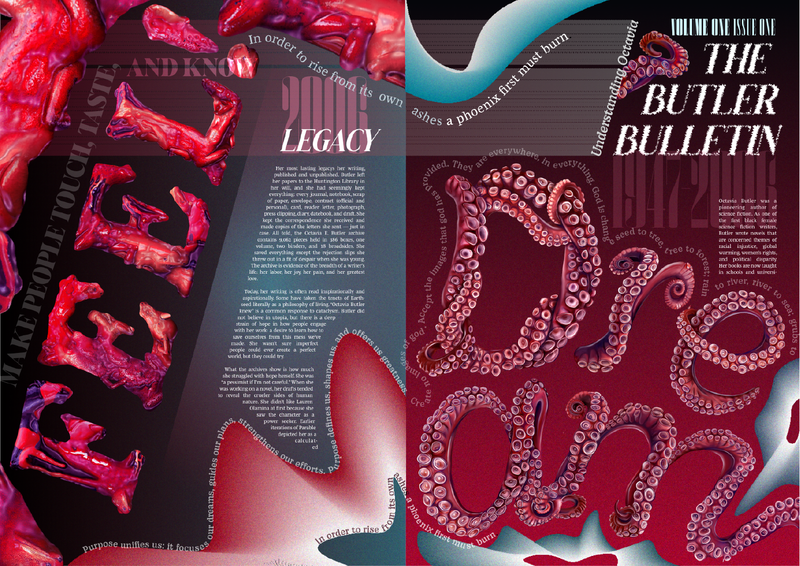 A magazine spread featuring the title "The Butler Bulletin" with the subtitle "Volume One Issue One." The spread contains images of red and pink coral-like structures and numerous octopus tentacles, with text about the impact and legacy of Octavia Butler, an influential science fiction writer. The text discusses her works, themes, and contributions to science fiction and social issues.