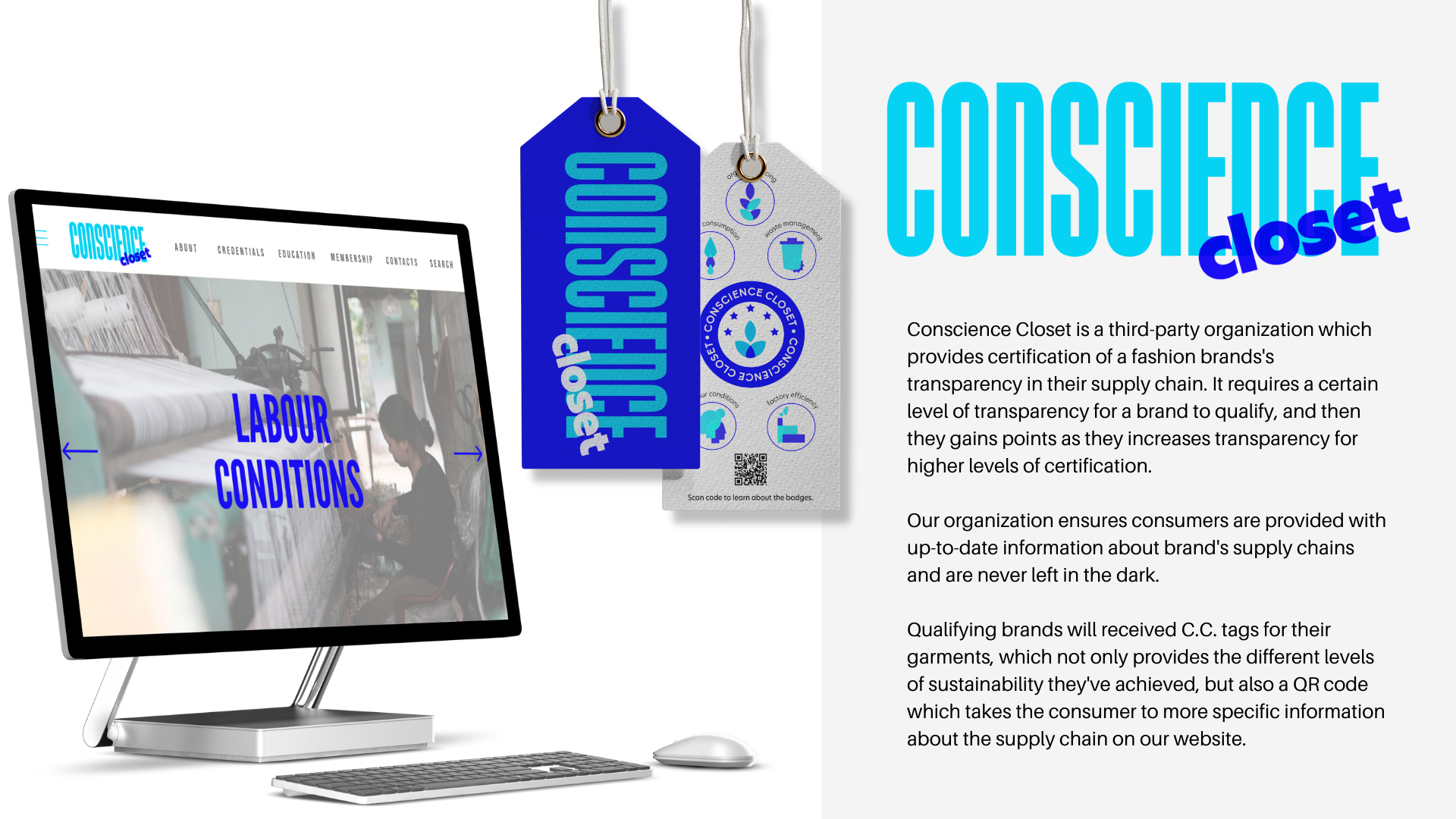 Computer screen displaying a webpage titled 'CONSCIENCE' with the subtitle 'LABOUR CONDITIONS' displayed prominently. Two tags hanging in the background with the words 'CONSCIENCE' and 'conscience' are also visible, along with informational text explaining the organization's mission related to transparency in supply chains.
