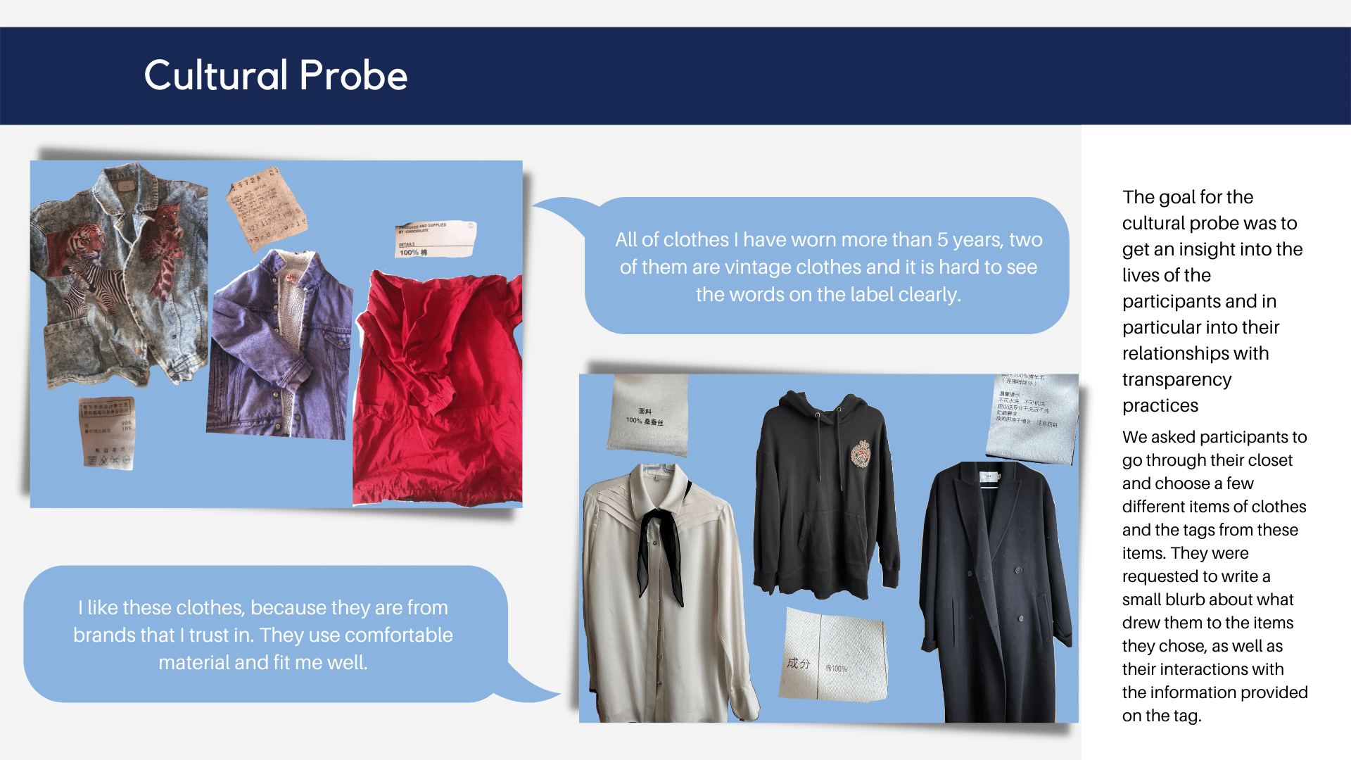 A digital presentation slide titled 'Cultural Probe' with images of various clothing items and fabric tags, accompanied by text discussing the purpose of a cultural probe study on participants' clothing habits.