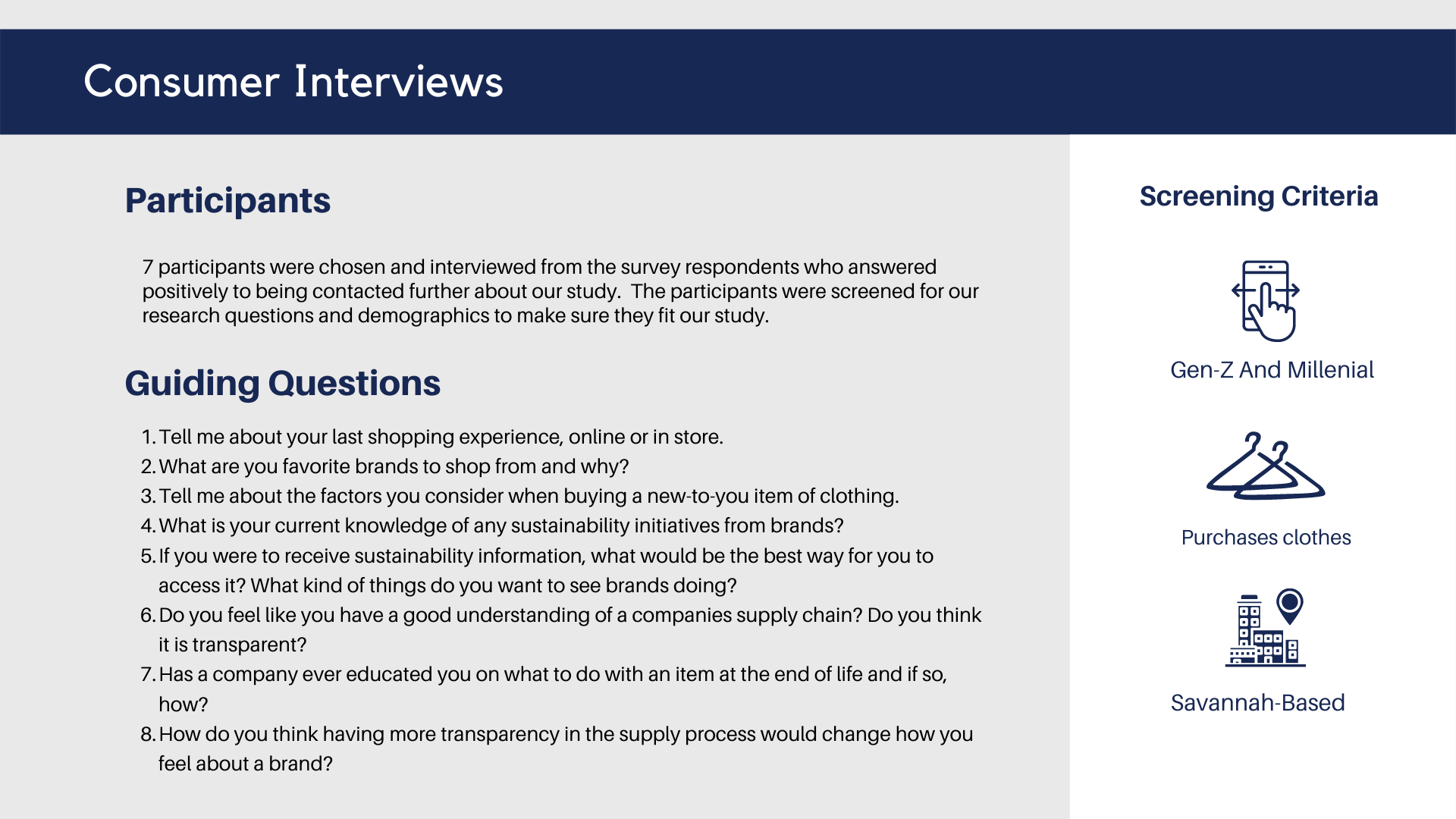 A digital infographic titled 'Consumer Interviews' with sections for Participants and Screening Criteria. The Participants section states that 7 individuals were chosen and interviewed based on their survey responses. The Screening Criteria include a hand touching a screen for Gen-Z and Millennial screening. Below, there are guiding questions about shopping experiences, favorite brands, sustainability, supply chain transparency, and brand education.