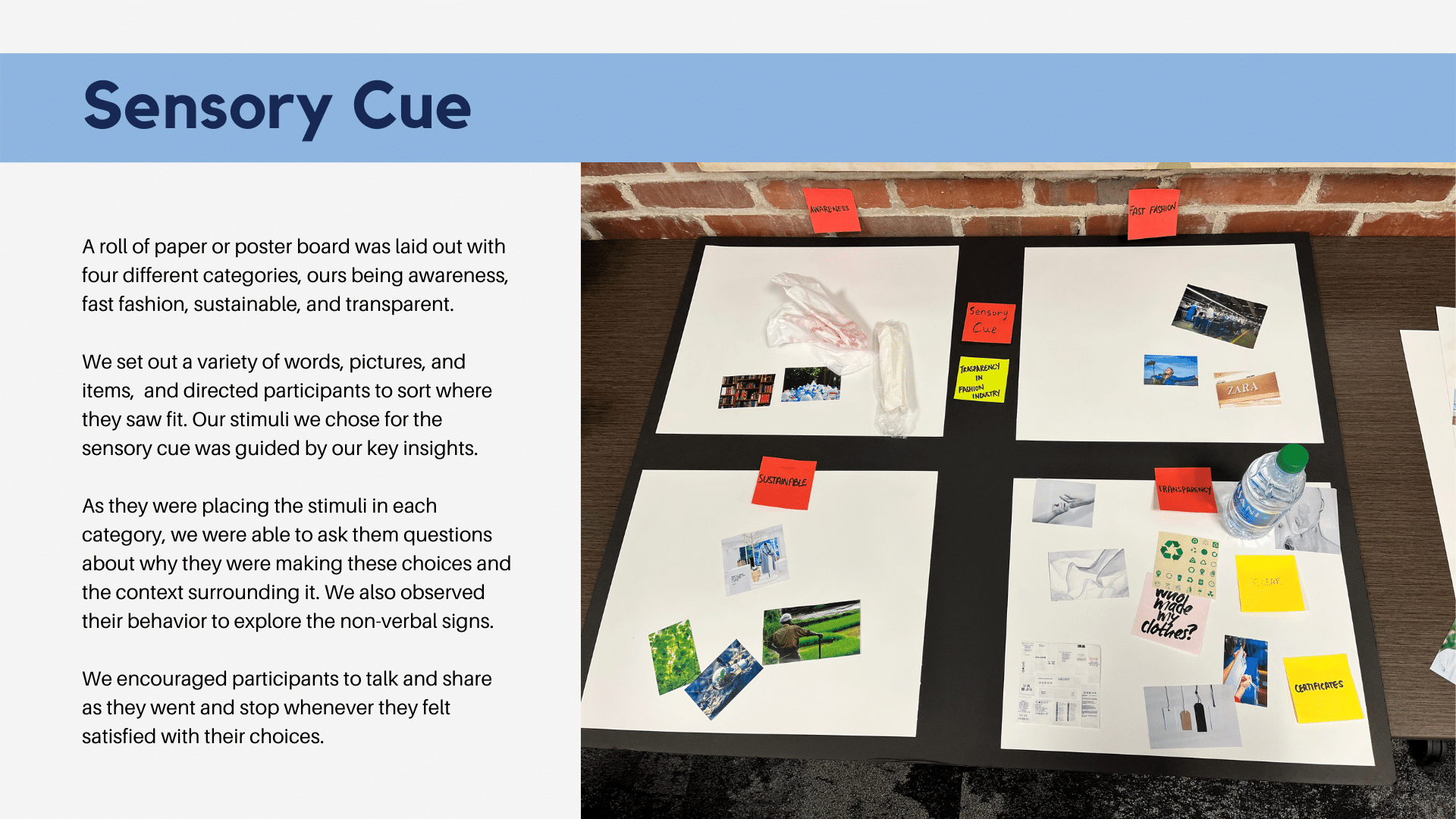 Exhibit board titled 'Sensory Cue' featuring paper items, photos, words, and colored labels on black poster board.