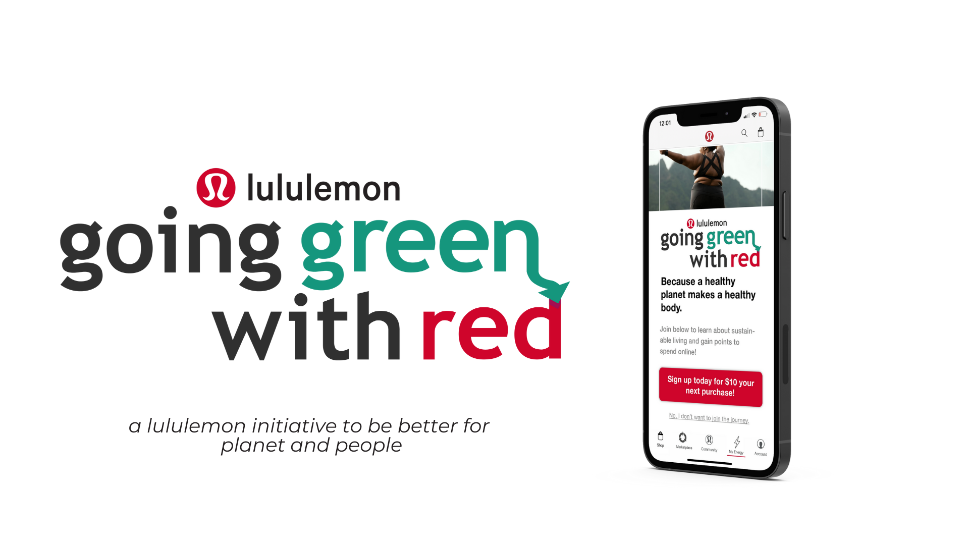 Lululemon logo and campaign slogan 'going green with red' with an image of a woman in workout gear on a smartphone screen, against a white background.