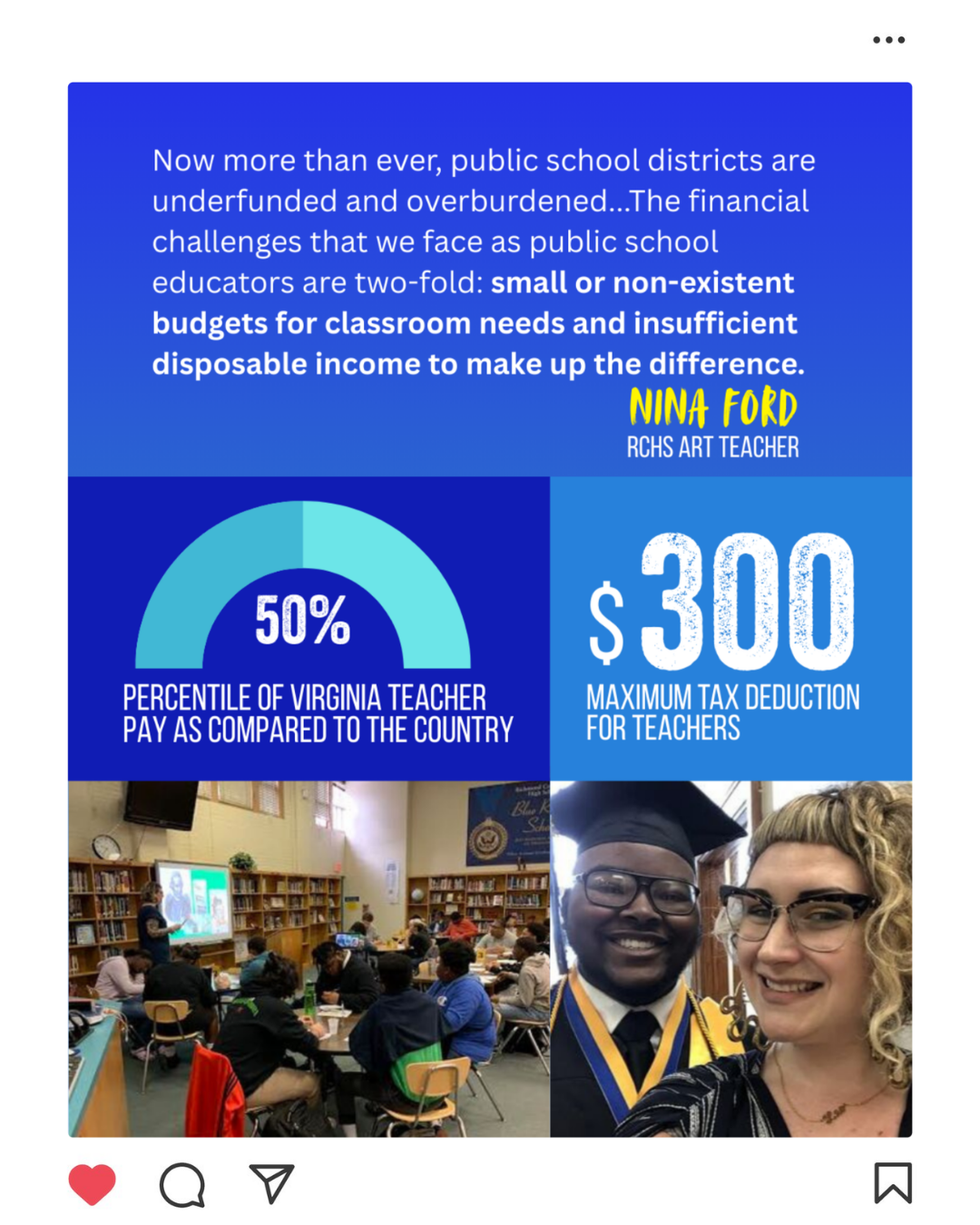 Infographic discussing public school district funding challenges, highlighting that Virginia teachers earn 50% of what teachers in the country and receive a maximum tax deduction of $300. Contains a photo of a classroom and a selfie of a man in graduation attire with a woman.