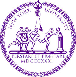 Seal of New York University featuring a torch, students, and Latin motto.